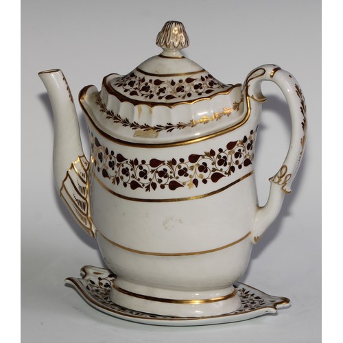 180 - A Flight & Barr Worcester teapot and stand, decorated in brown and gilt with scrolling leaves, 22cm ... 