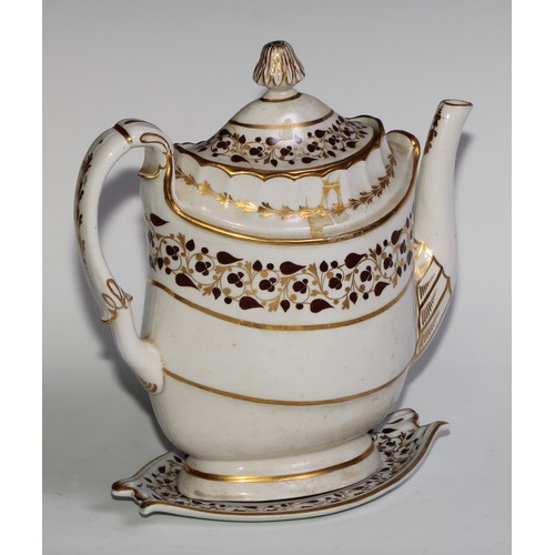 180 - A Flight & Barr Worcester teapot and stand, decorated in brown and gilt with scrolling leaves, 22cm ... 