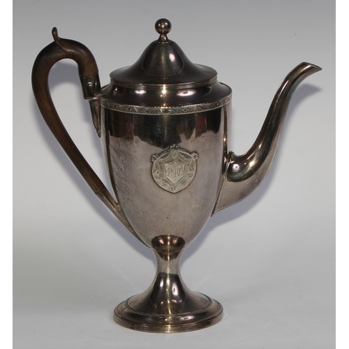 813 - A George III Old Sheffield Plate urnular pedestal coffee pot, domed cover with ball finial, applied ... 