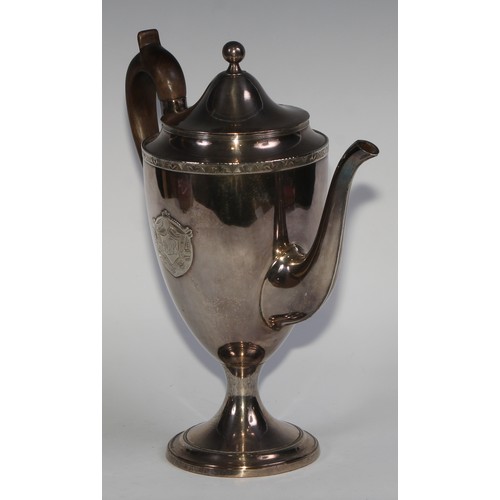 813 - A George III Old Sheffield Plate urnular pedestal coffee pot, domed cover with ball finial, applied ... 