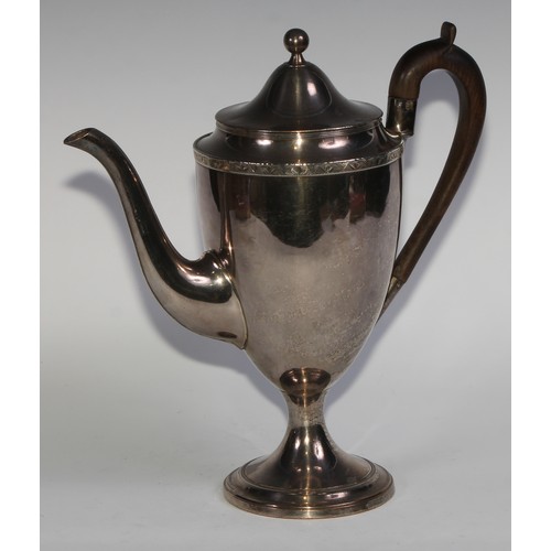 813 - A George III Old Sheffield Plate urnular pedestal coffee pot, domed cover with ball finial, applied ... 