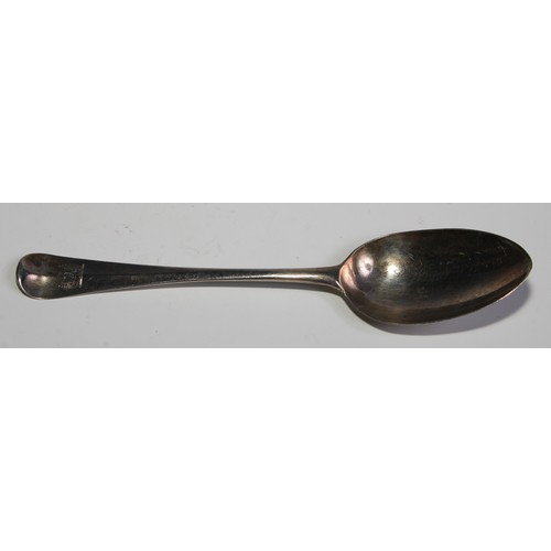 786 - A George II silver Hanoverian pattern tablespoon, shell heel, 20.5cm long, London 1745; another, cre... 