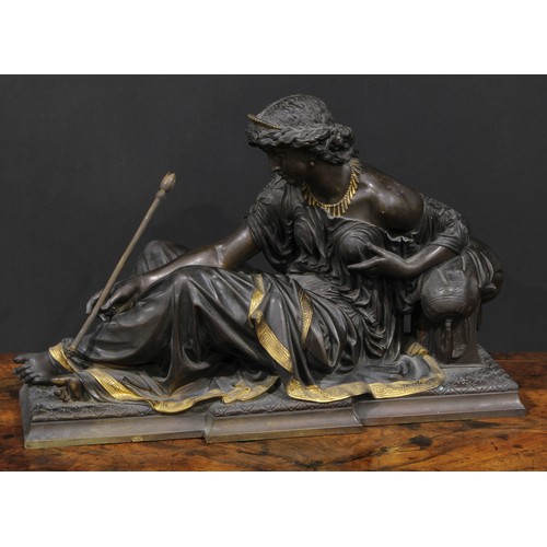 2711 - French School (19th century), a dark patinated and parcel-gilt bronze, of Diana, 48cm wide