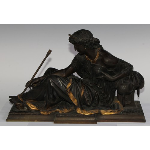 2711 - French School (19th century), a dark patinated and parcel-gilt bronze, of Diana, 48cm wide