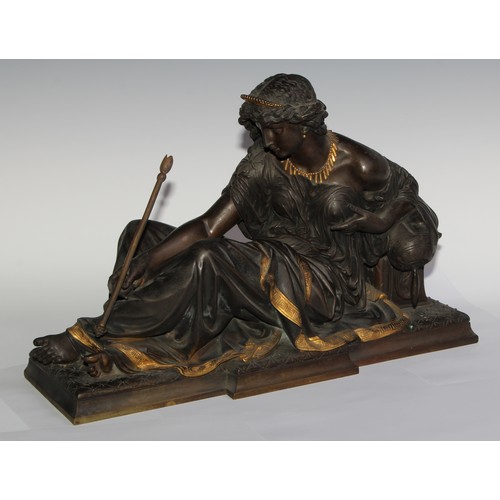 2711 - French School (19th century), a dark patinated and parcel-gilt bronze, of Diana, 48cm wide