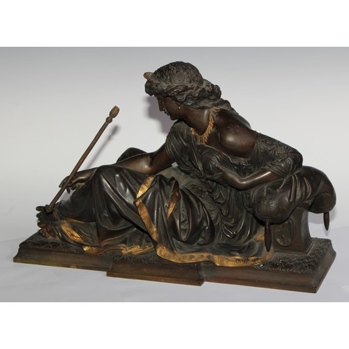 2711 - French School (19th century), a dark patinated and parcel-gilt bronze, of Diana, 48cm wide