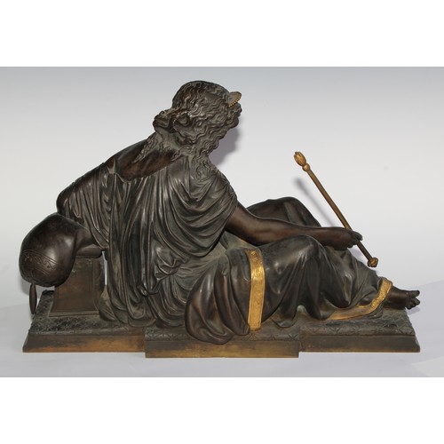 2711 - French School (19th century), a dark patinated and parcel-gilt bronze, of Diana, 48cm wide