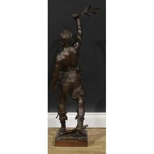 2707 - Eugène Marioton (1857-1933), French, a large brown patinated bronze, Vainqueur, an archer holding al... 