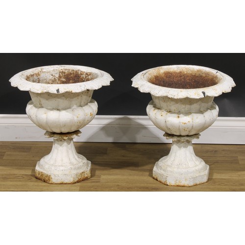 2423 - A pair of 19th century cast iron garden urns, lotus rims, octagonal bases, 42cm high, 42cm wide