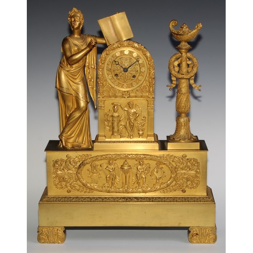 1751 - A French Empire ormolu figural mantel clock, 9cm dial, eight-day movement striking on a bell, the ca... 