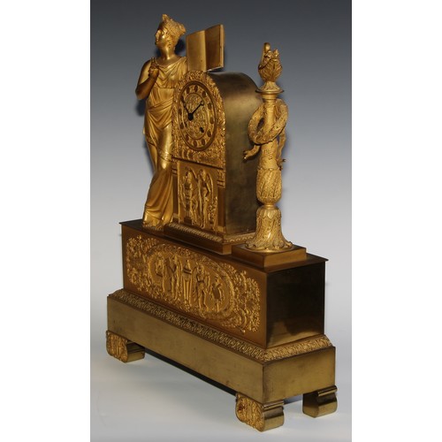 1751 - A French Empire ormolu figural mantel clock, 9cm dial, eight-day movement striking on a bell, the ca... 