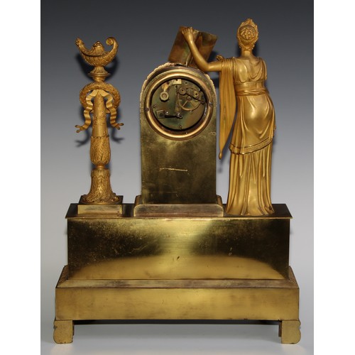 1751 - A French Empire ormolu figural mantel clock, 9cm dial, eight-day movement striking on a bell, the ca... 