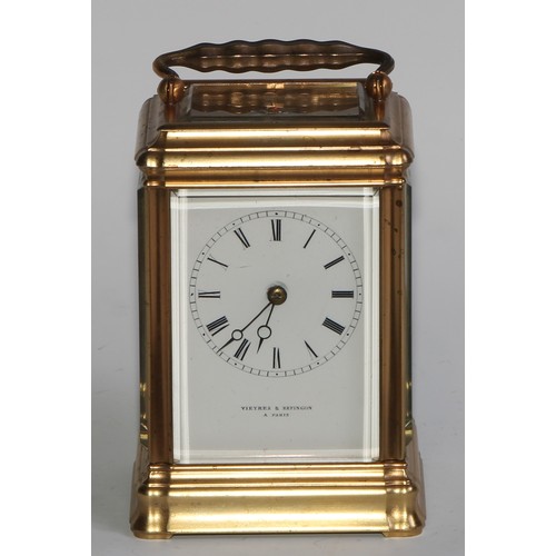 2409 - A 19th century French gilt brass petit sonnerie carriage clock, by Vieyres & Repingon, Paris, 6cm re... 