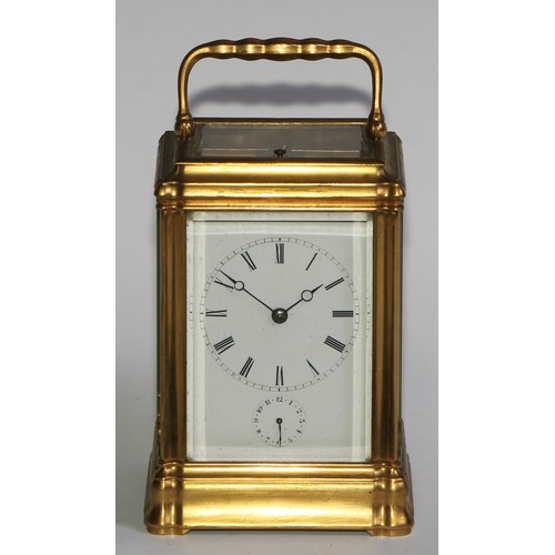 2411 - A 19th century Anglo-Indian gilt brass repeater carriage clock, 7cm rectangular enamel dial with Rom... 