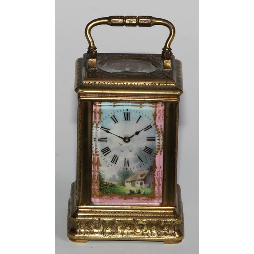 1755 - A French porcelain mounted gilt brass miniature carriage timepiece, 3cm clock dial decorated with a ... 