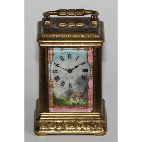 1755 - A French porcelain mounted gilt brass miniature carriage timepiece, 3cm clock dial decorated with a ... 