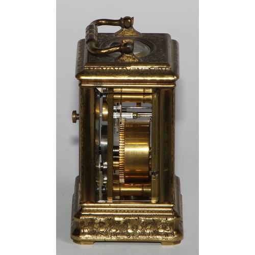 1755 - A French porcelain mounted gilt brass miniature carriage timepiece, 3cm clock dial decorated with a ... 