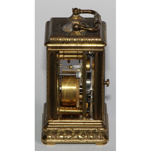 1755 - A French porcelain mounted gilt brass miniature carriage timepiece, 3cm clock dial decorated with a ... 