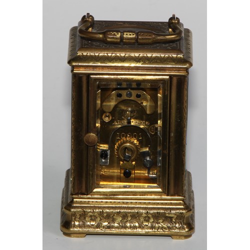 1755 - A French porcelain mounted gilt brass miniature carriage timepiece, 3cm clock dial decorated with a ... 