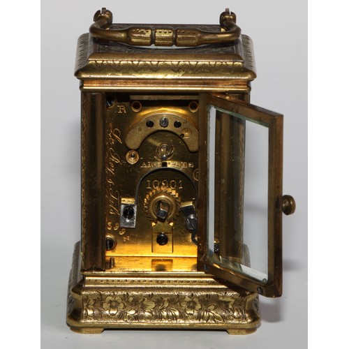 1755 - A French porcelain mounted gilt brass miniature carriage timepiece, 3cm clock dial decorated with a ... 