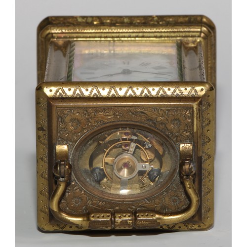 1755 - A French porcelain mounted gilt brass miniature carriage timepiece, 3cm clock dial decorated with a ... 