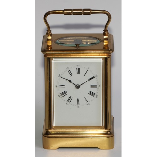 1761 - A large early 20th century lacquered brass grand sonnerie carriage clock, 6.5cm rectangular dial ins... 