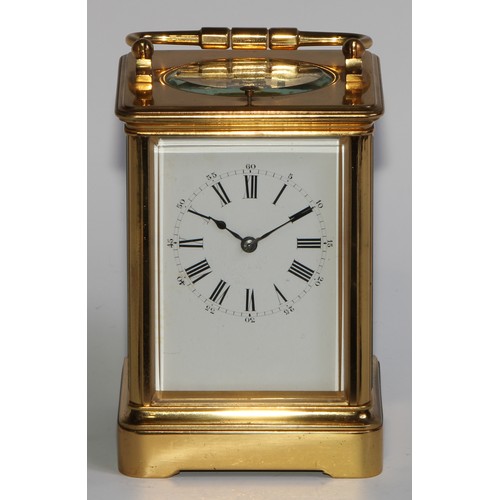 1761 - A large early 20th century lacquered brass grand sonnerie carriage clock, 6.5cm rectangular dial ins... 