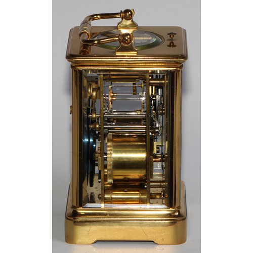 1761 - A large early 20th century lacquered brass grand sonnerie carriage clock, 6.5cm rectangular dial ins... 