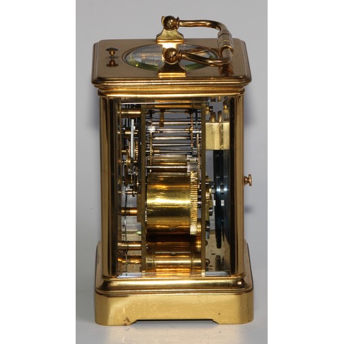 1761 - A large early 20th century lacquered brass grand sonnerie carriage clock, 6.5cm rectangular dial ins... 