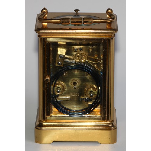 1761 - A large early 20th century lacquered brass grand sonnerie carriage clock, 6.5cm rectangular dial ins... 