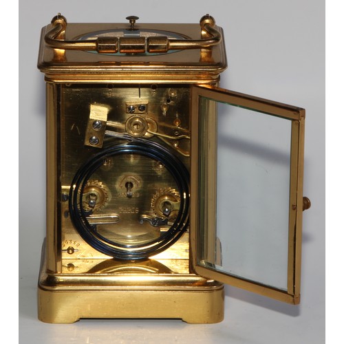 1761 - A large early 20th century lacquered brass grand sonnerie carriage clock, 6.5cm rectangular dial ins... 