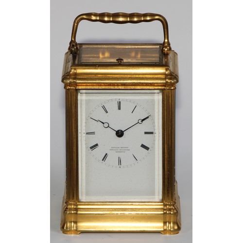 2098 - A 19th century gilt brass carriage clock, 6cm rectangular enamel dial inscribed Edward Bright, Pavil... 