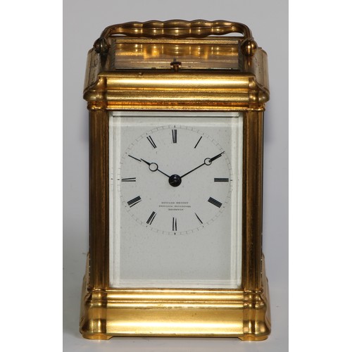 2098 - A 19th century gilt brass carriage clock, 6cm rectangular enamel dial inscribed Edward Bright, Pavil... 