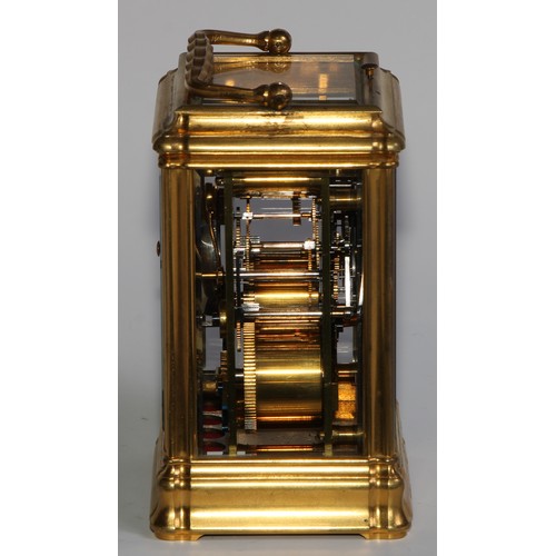 2098 - A 19th century gilt brass carriage clock, 6cm rectangular enamel dial inscribed Edward Bright, Pavil... 