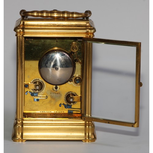 2098 - A 19th century gilt brass carriage clock, 6cm rectangular enamel dial inscribed Edward Bright, Pavil... 