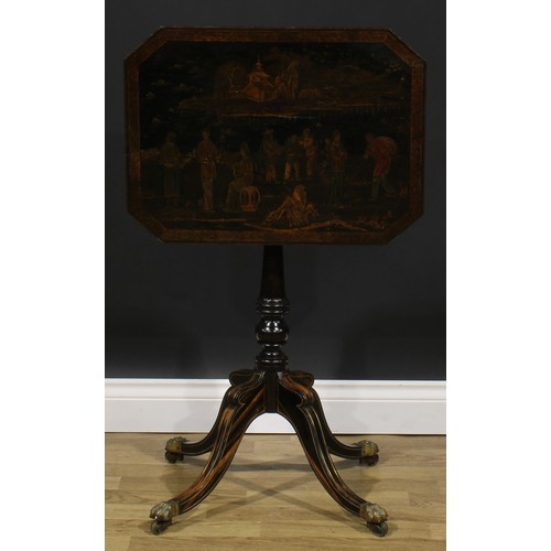 2352 - A Regency chinoiserie decorated ebonised and simulated calamander occasional table, chamfered rectan... 