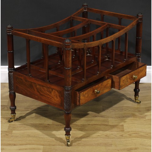 2155 - A large Post-Regency George IV mahogany five-section Canterbury, turned and parcel-rope twist corner... 