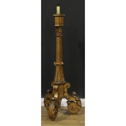 1644 - A Baroque Revival giltwood tripod floor lamp, scroll legs carved with acanthus, 136.5cm high under f... 