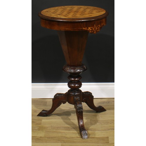 2302 - A Victorian walnut, mahogany, marquetry and parquetry trumpet-shaped combination games and work tabl... 