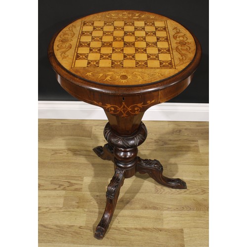 2302 - A Victorian walnut, mahogany, marquetry and parquetry trumpet-shaped combination games and work tabl... 