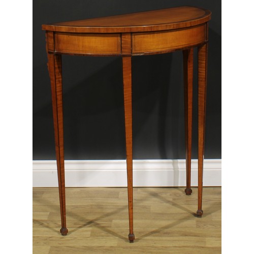 2252 - A Sheraton period satinwood demilune side table, crossbanded fiddleback top, tapered square legs, bl... 