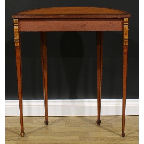 2252 - A Sheraton period satinwood demilune side table, crossbanded fiddleback top, tapered square legs, bl... 