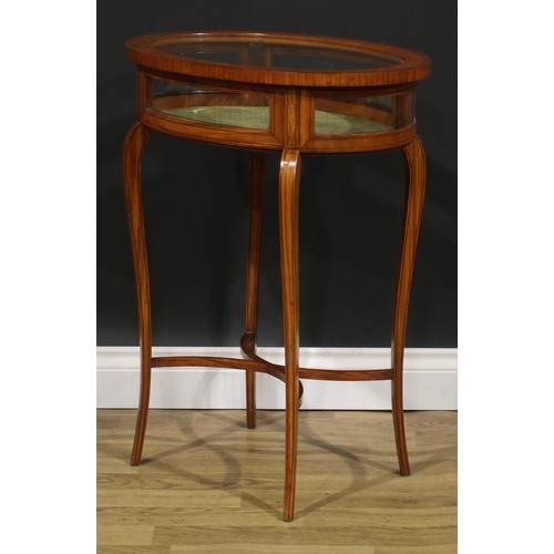 2559 - A Sheraton Revival satinwood bijouterie table, oval rosewood crossbanded hinged glazed top, slender ... 