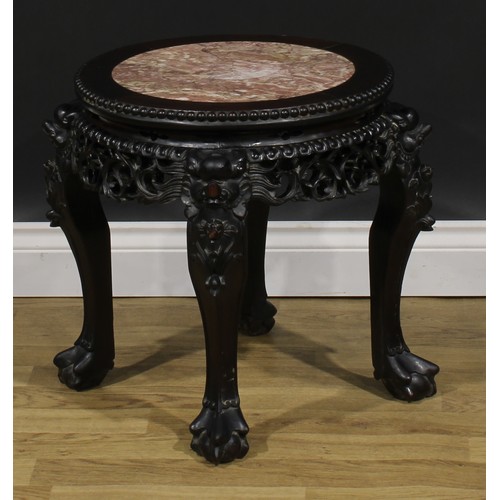 1775 - A Chinese hardwood fish bowl stand, circular top with beaded border and inset marble panel, shaped a... 