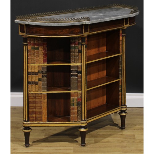 1715 - A 19th century parcel-gilt rosewood and mahogany low library bookcase, marble top above open shelves... 