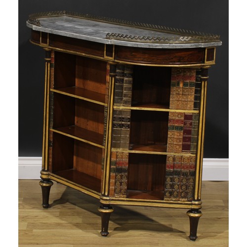 1715 - A 19th century parcel-gilt rosewood and mahogany low library bookcase, marble top above open shelves... 