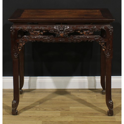 2031 - A Chinese hardwood waisted altar table, of small domestic proportions, rectangular top, the apron ca... 