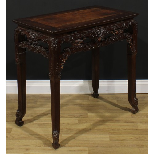 2031 - A Chinese hardwood waisted altar table, of small domestic proportions, rectangular top, the apron ca... 