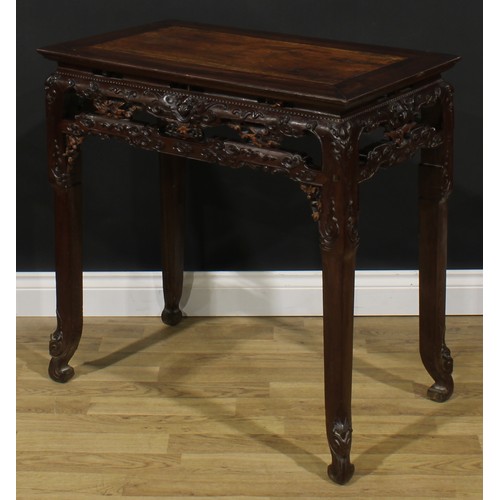 2031 - A Chinese hardwood waisted altar table, of small domestic proportions, rectangular top, the apron ca... 