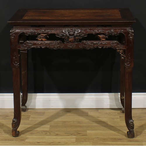 2031 - A Chinese hardwood waisted altar table, of small domestic proportions, rectangular top, the apron ca... 